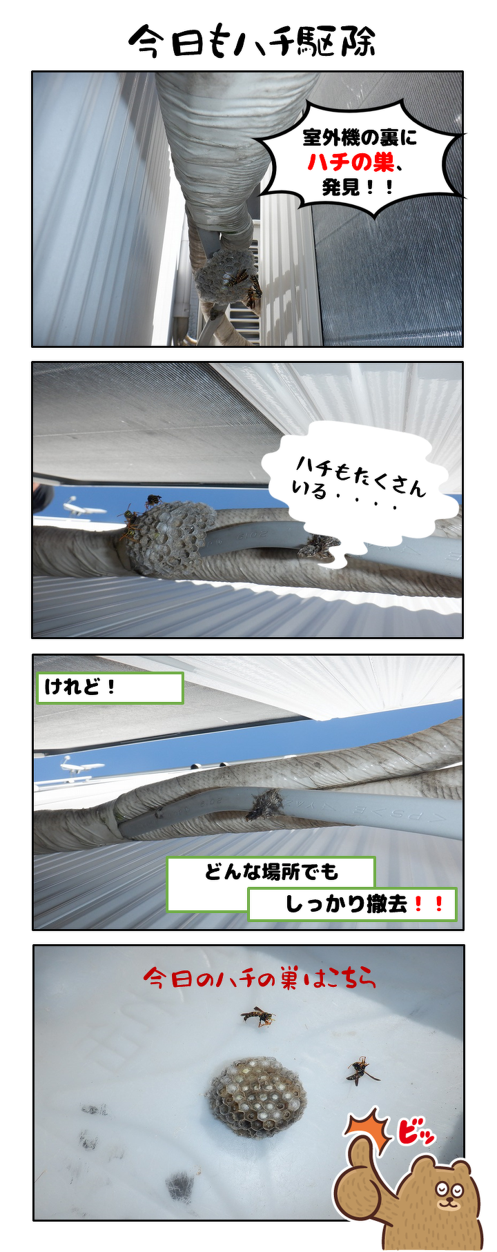 今日もハチ駆除。室外機の裏にハチの巣を発見。ハチも沢山いました。しかしどんな場所でもしっかし撤去。